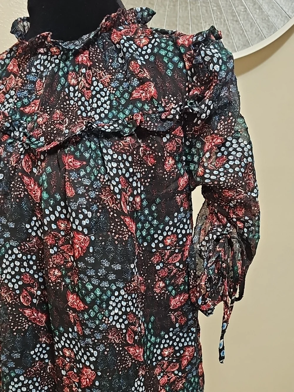 LOFT Black Sheer Floral Ruffle Blouse with Pink & Teal Accents